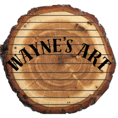 Logo for Wayne's art. A wood cutting of a tree showing the grains of the wood with the words Wayne's Art in an arch across the middle.